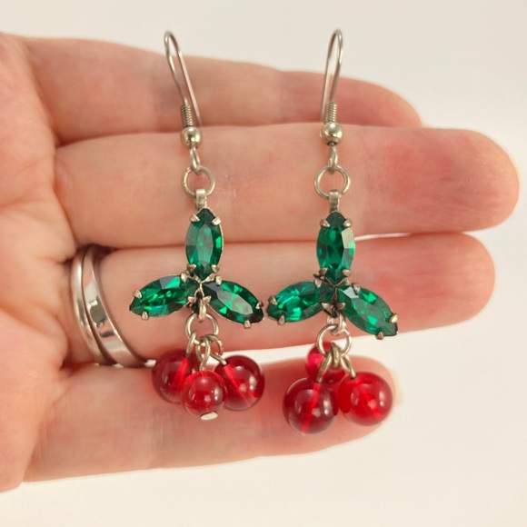 Holly Earrings, Handmade, Vintage Crystals & Glass Beads, Cherry Earrings - Picture 4 of 10